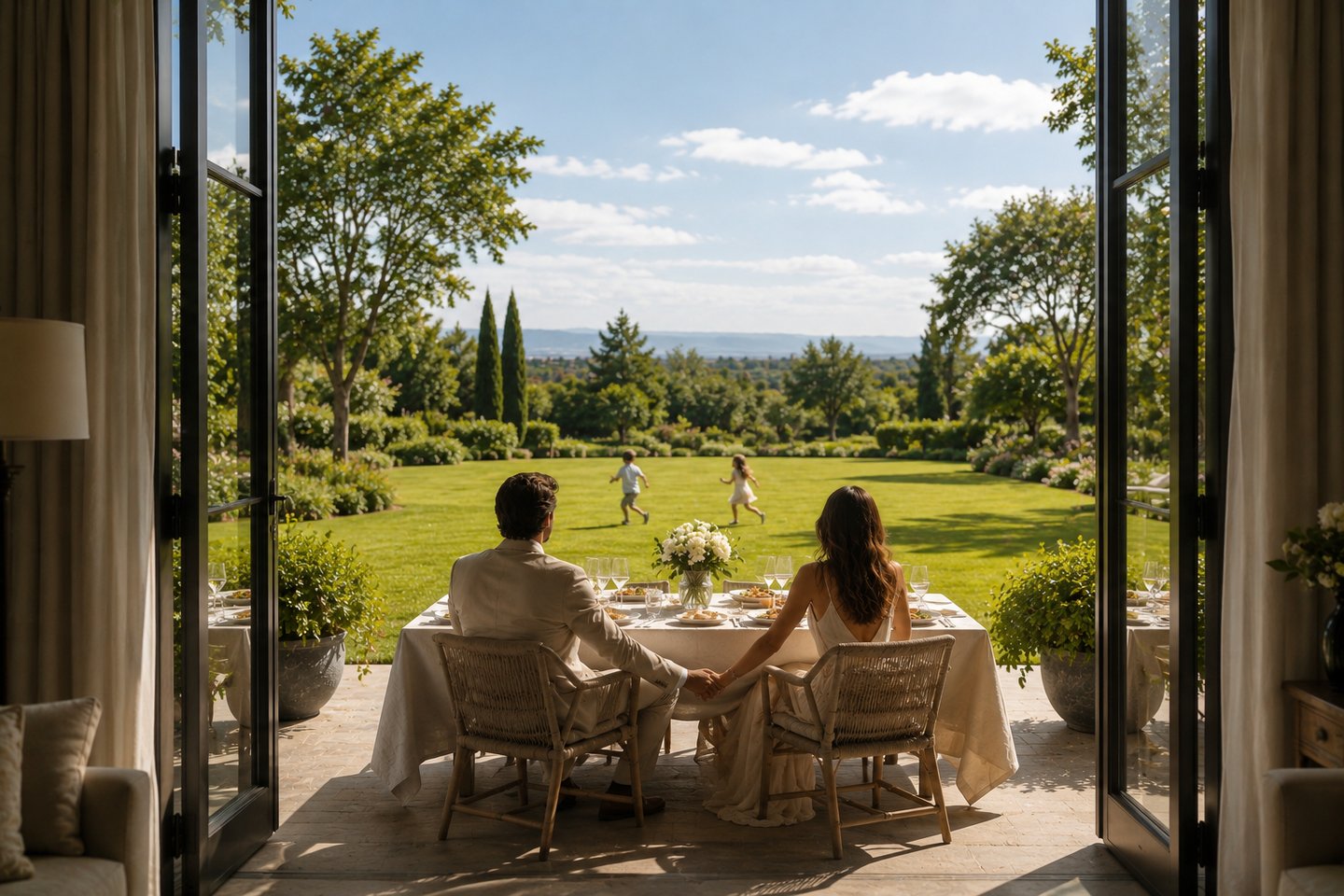 Couple holding hands at a beautifully set outdoor table children play in the garden bespoke family