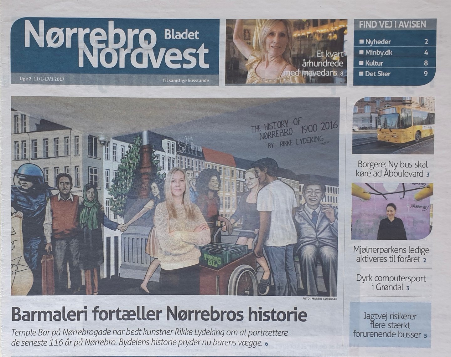 Danish newspaper Norrebro Nordvest front page featuring a mural by artist Rikke Lydeking depicting local history.