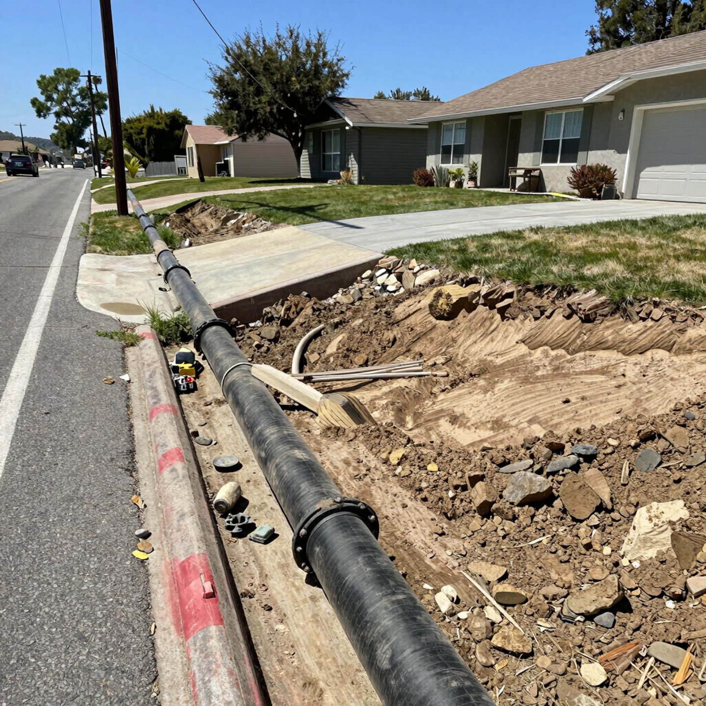 Construction crew working on a modern ADU addition in a sunny California neighborhood.