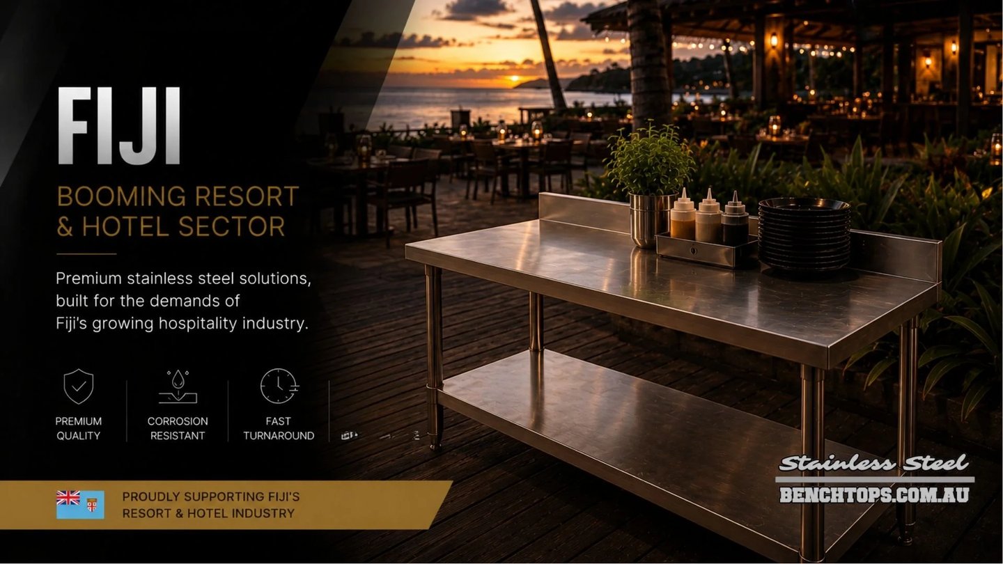 Freestanding catering table showcasing stainless steel benches Fiji at sunset.