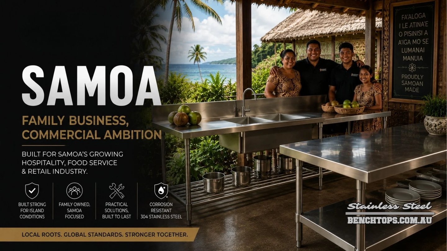 Open-air restaurant washing area featuring durable stainless steel Benches Samoa.