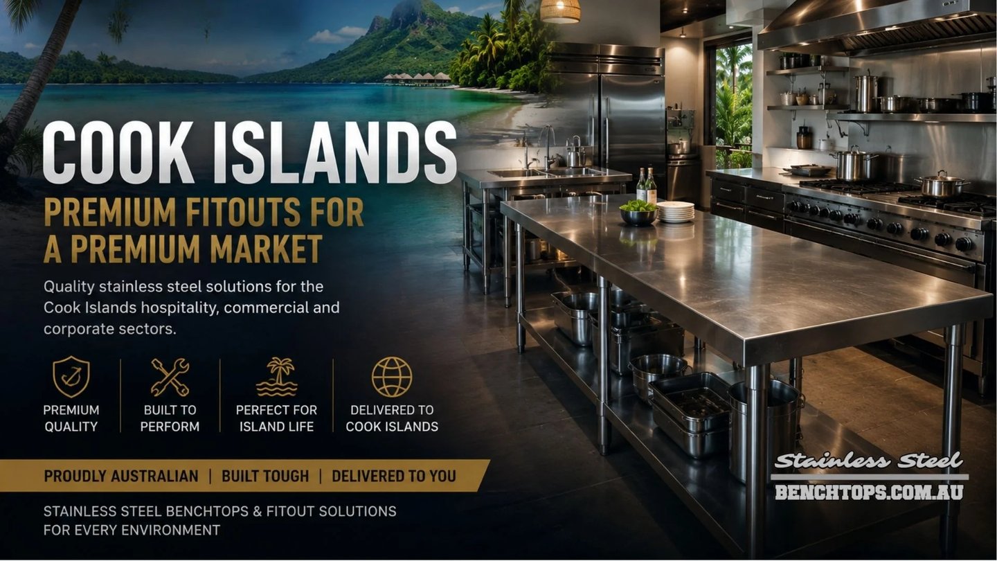 Premium kitchen setup featuring durable stainless steel Benches Cook Islands.