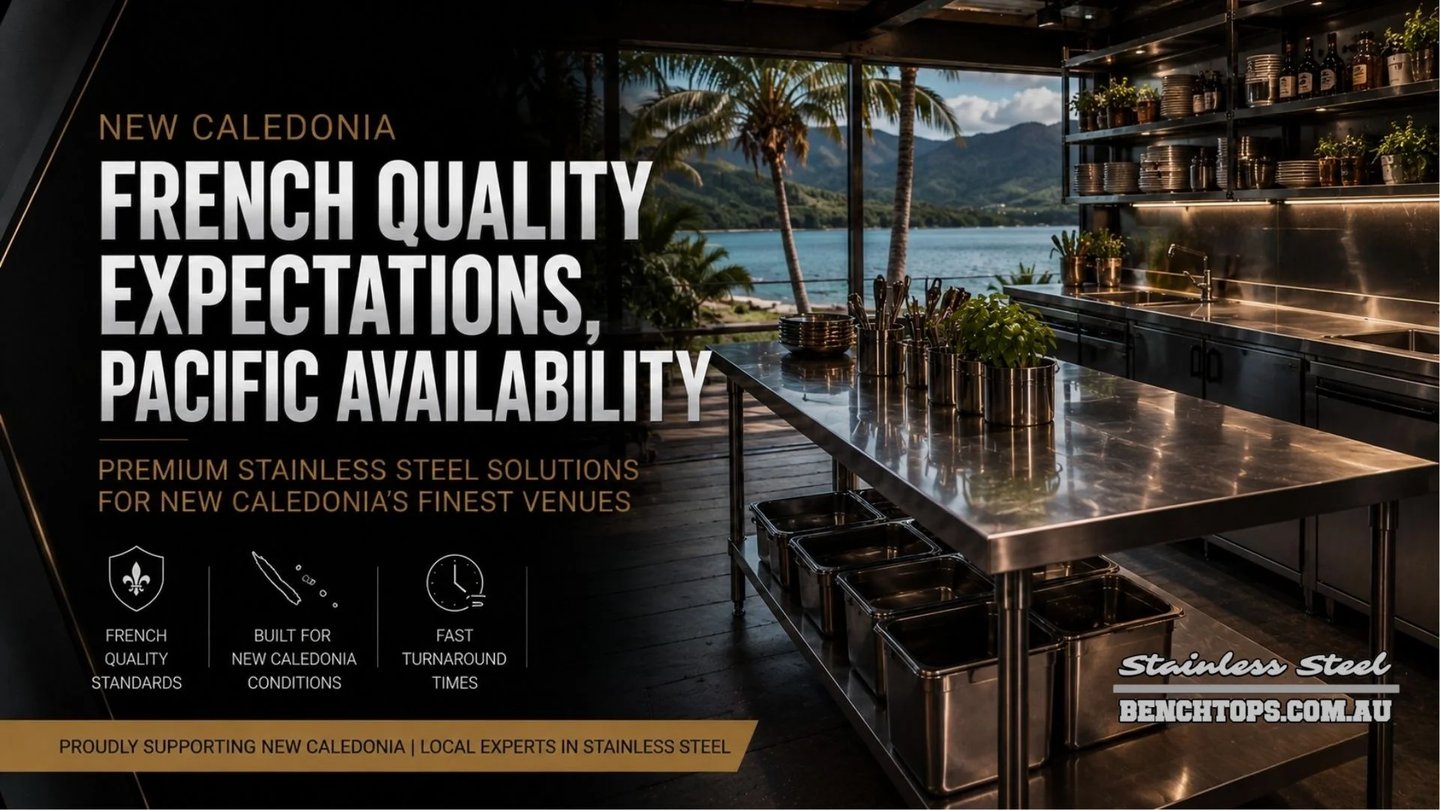 Hospitality workspace layout featuring durable stainless steel Benches New Caledonia.