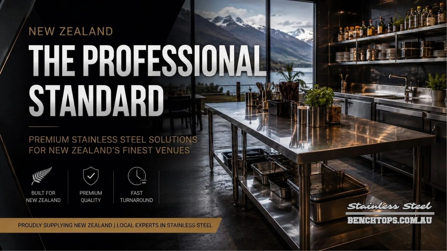 Commercial kitchen prep table and stainless steel Benches New Zealand overlooking mountain views.