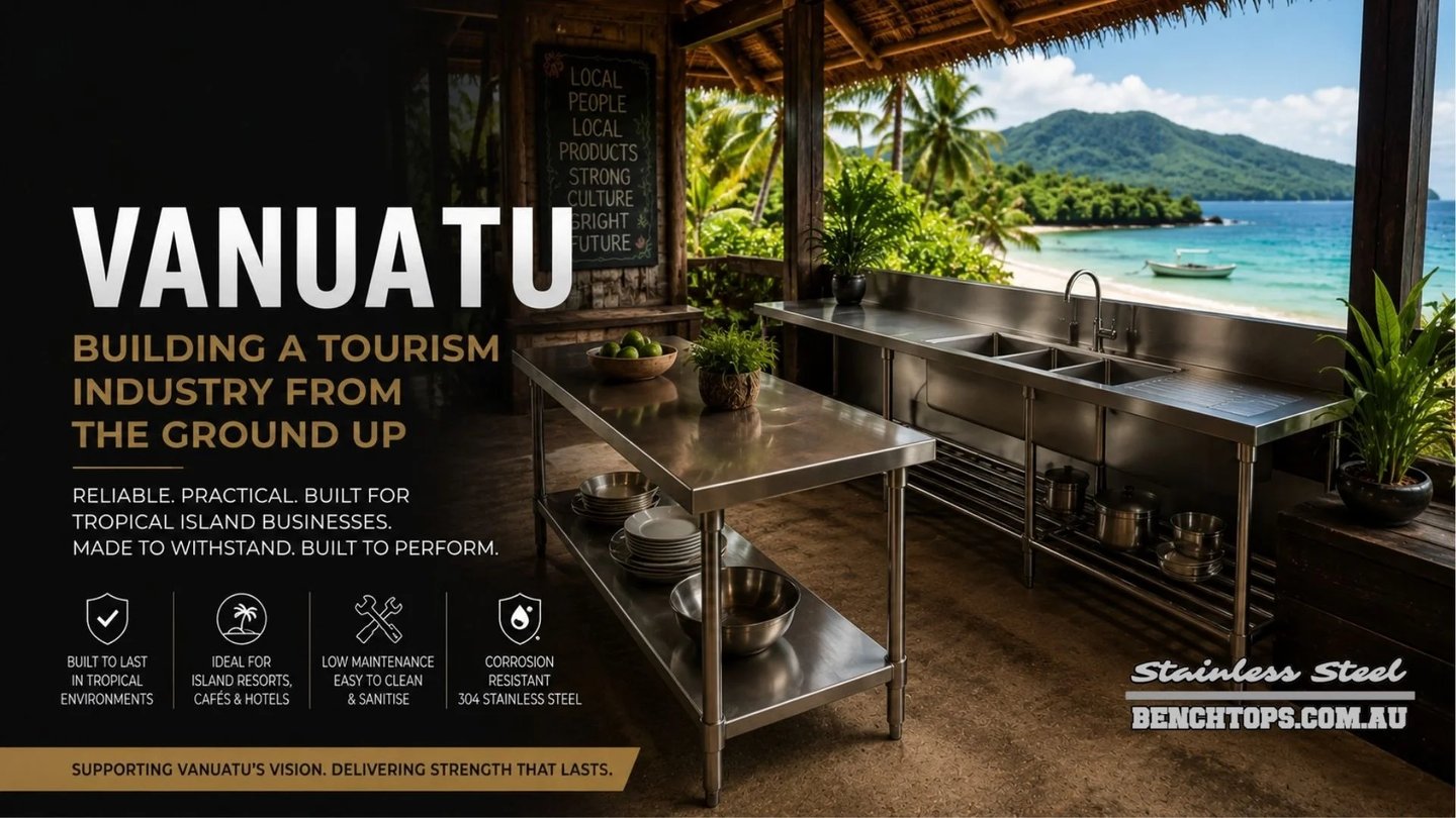 Commercial kitchen sink and stainless steel benches Vanuatu looking out at a tropical beach.