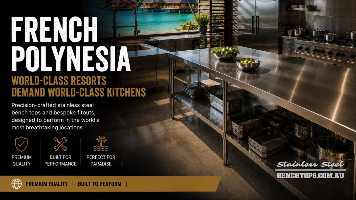Premium restaurant kitchen station featuring durable stainless steel Benches French Polynesia.