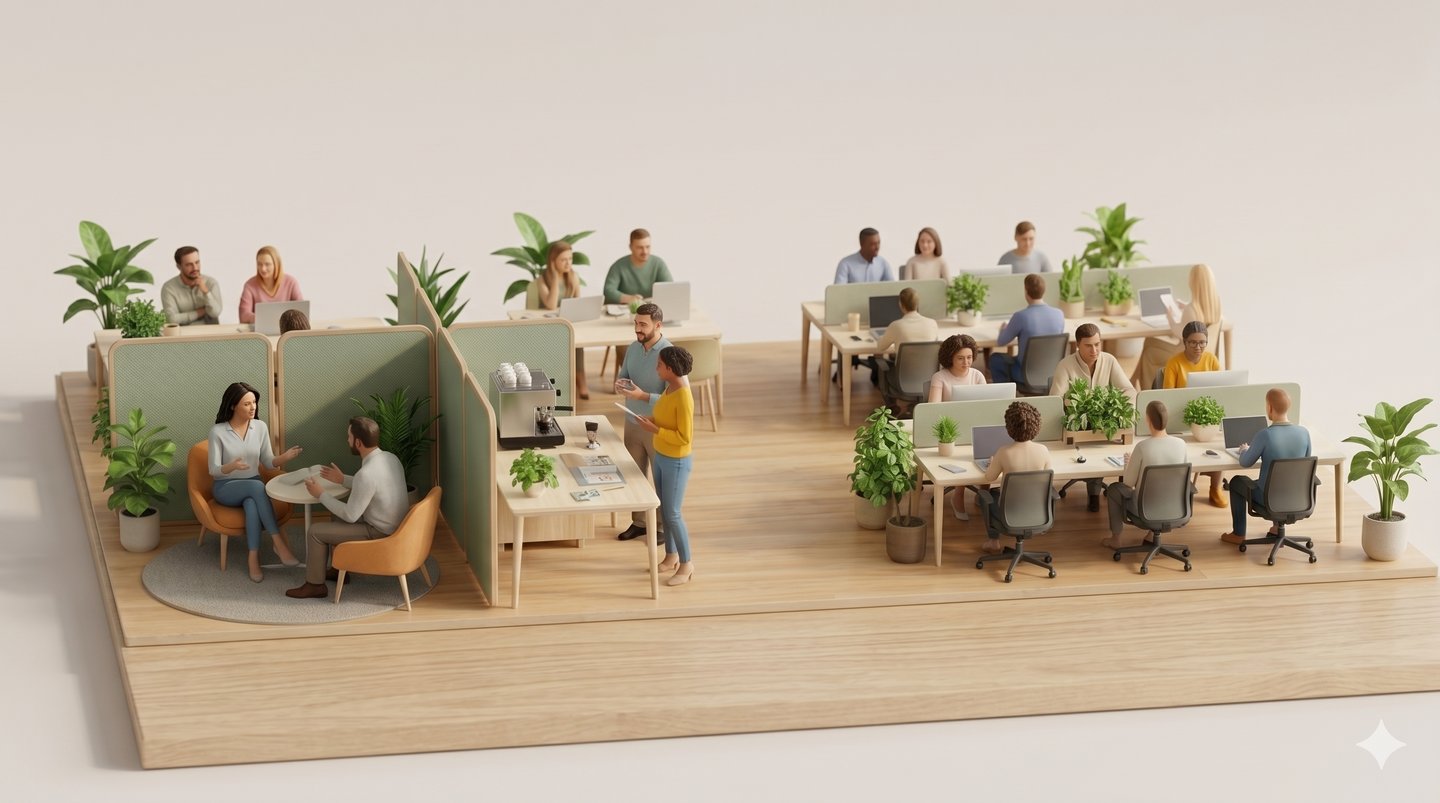 A 3D isometric illustration of a modern open-plan office with coworking spaces, ergonomic desks, and green plants.