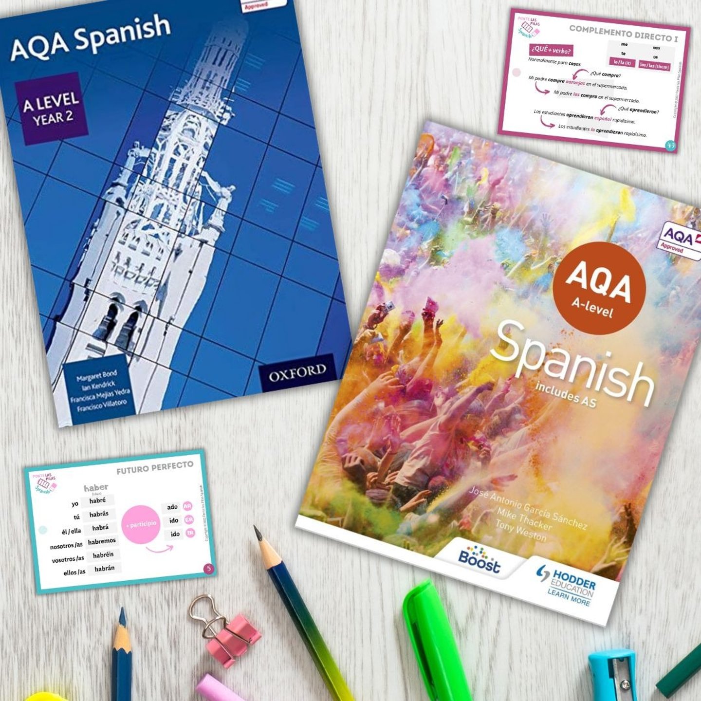 Spanish A-level books and flashcards