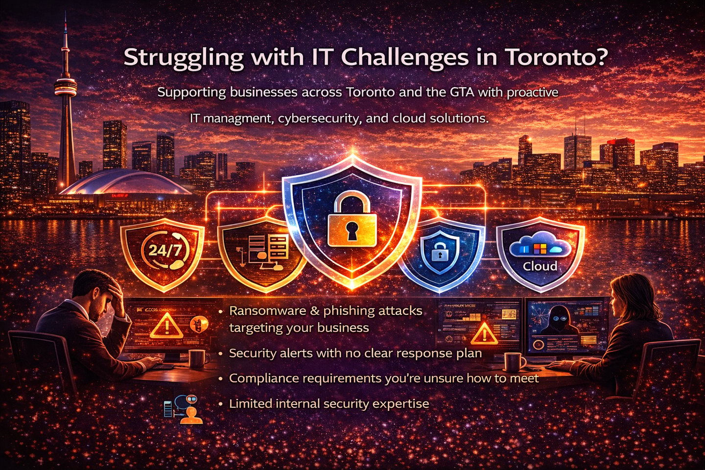 Common IT challenges in Toronto businesses including security threats, downtime, lack of IT support