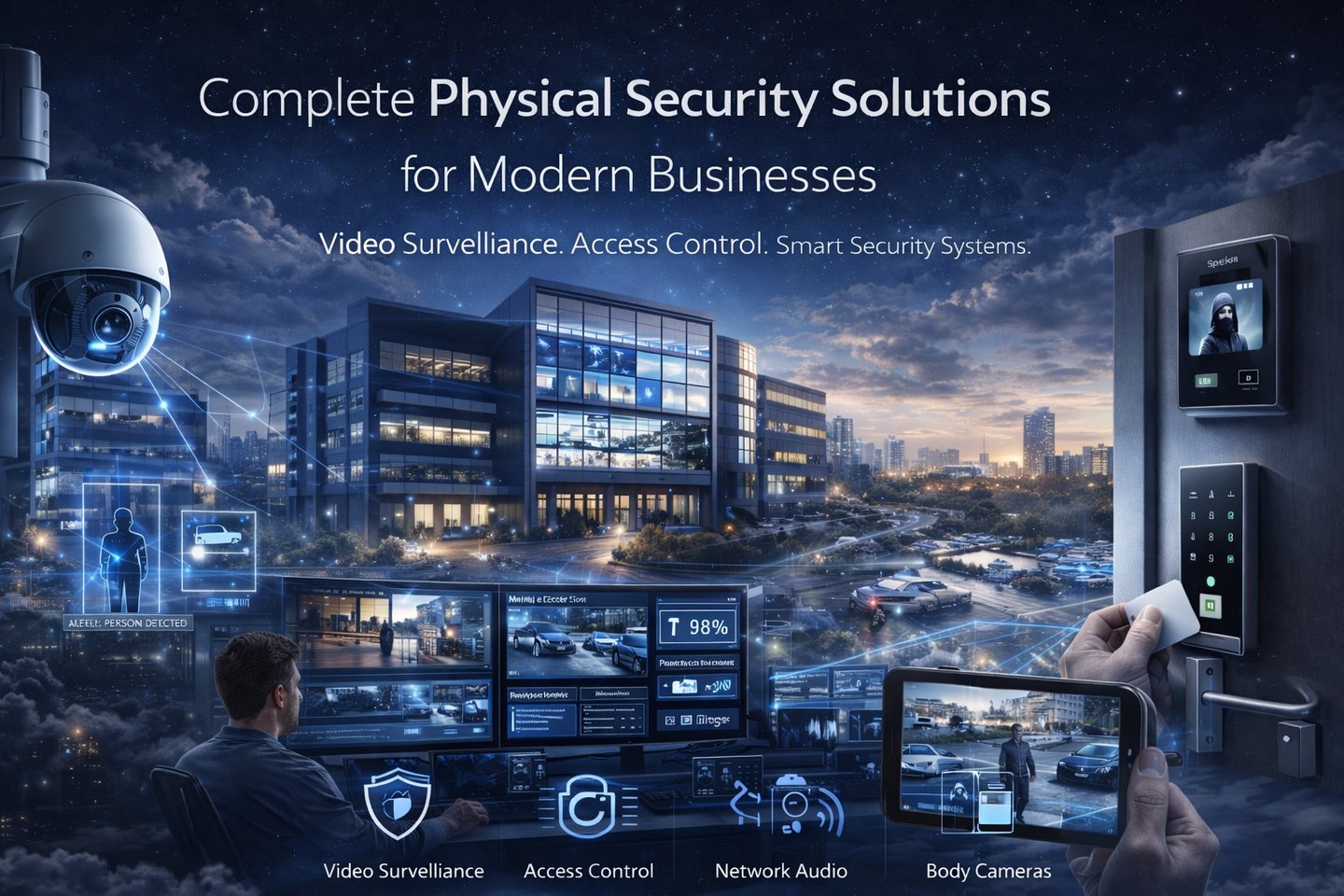 Modern physical security system with surveillance cameras access control and remote monitoring 