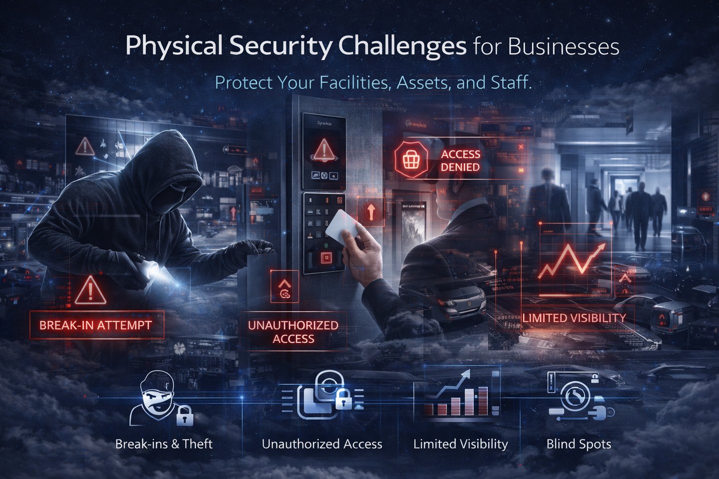 Physical security risks including break-ins unauthorized access and limited visibility in business