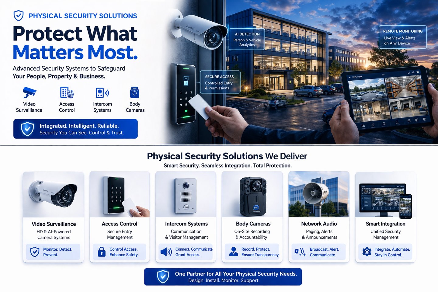 Video surveillance and access control system with mobile monitoring and smart building security 