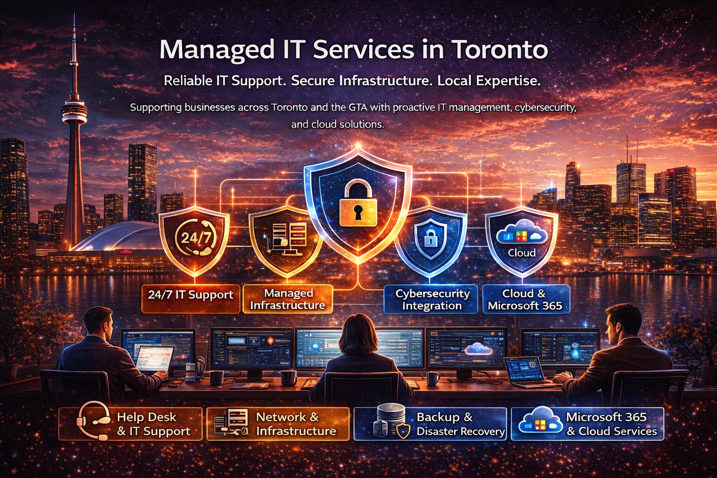 Managed IT services in Toronto with cybersecurity, cloud solutions, and 24/7 IT support for business