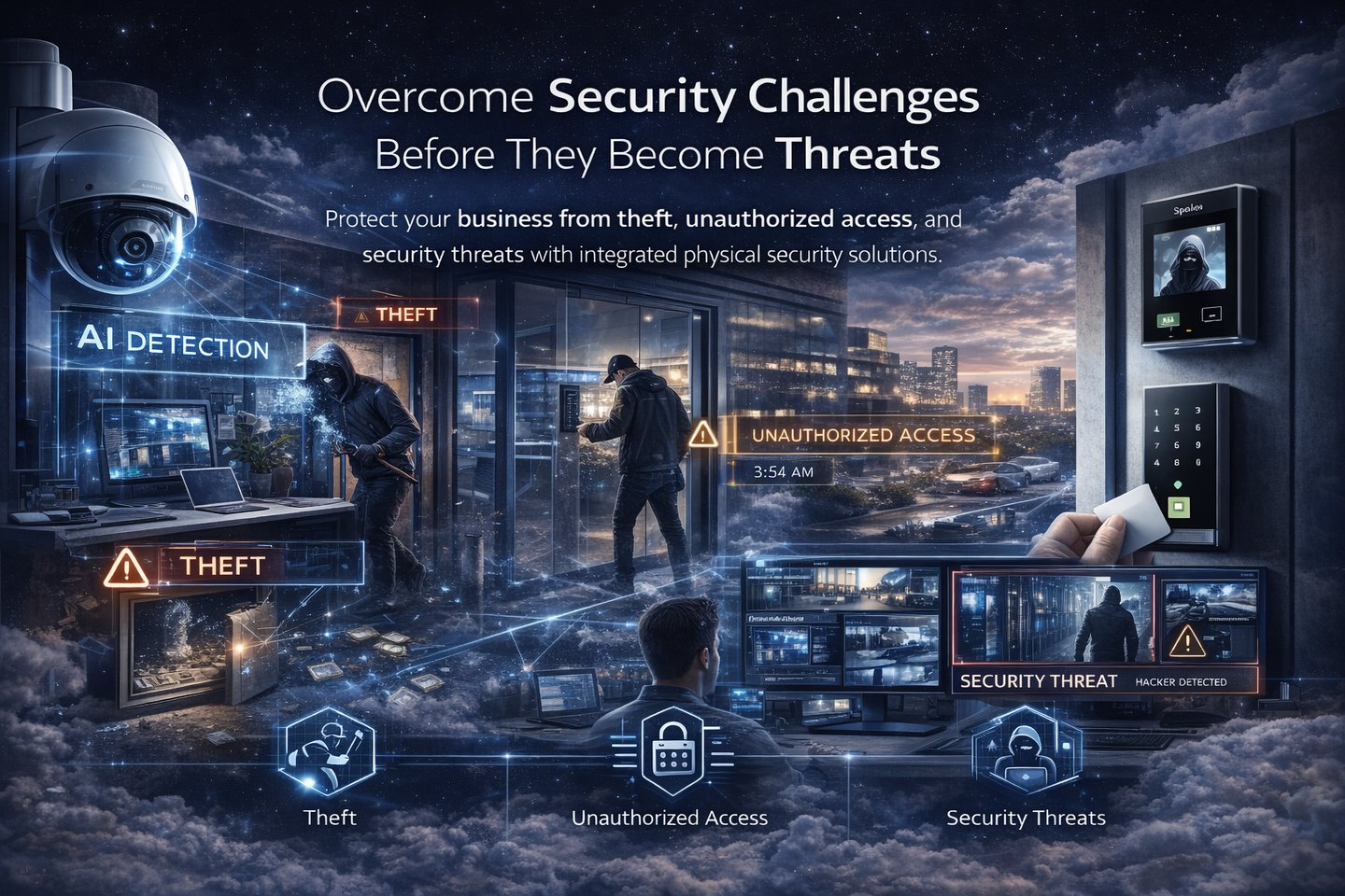 Advanced physical security solutions preventing theft and unauthorized access with AI monitoring 