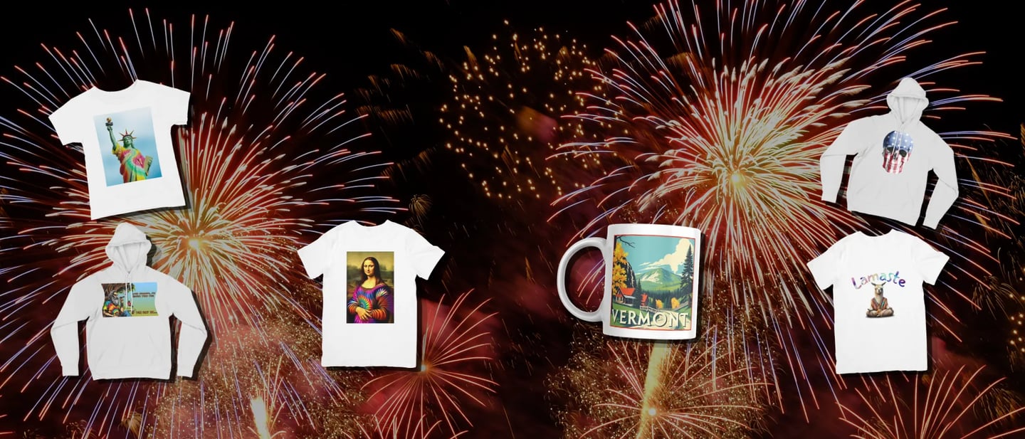 American Travel Fun merchandise, including t-shirts, hoodies, and a mug, displayed over exploding 4th of July fireworks.