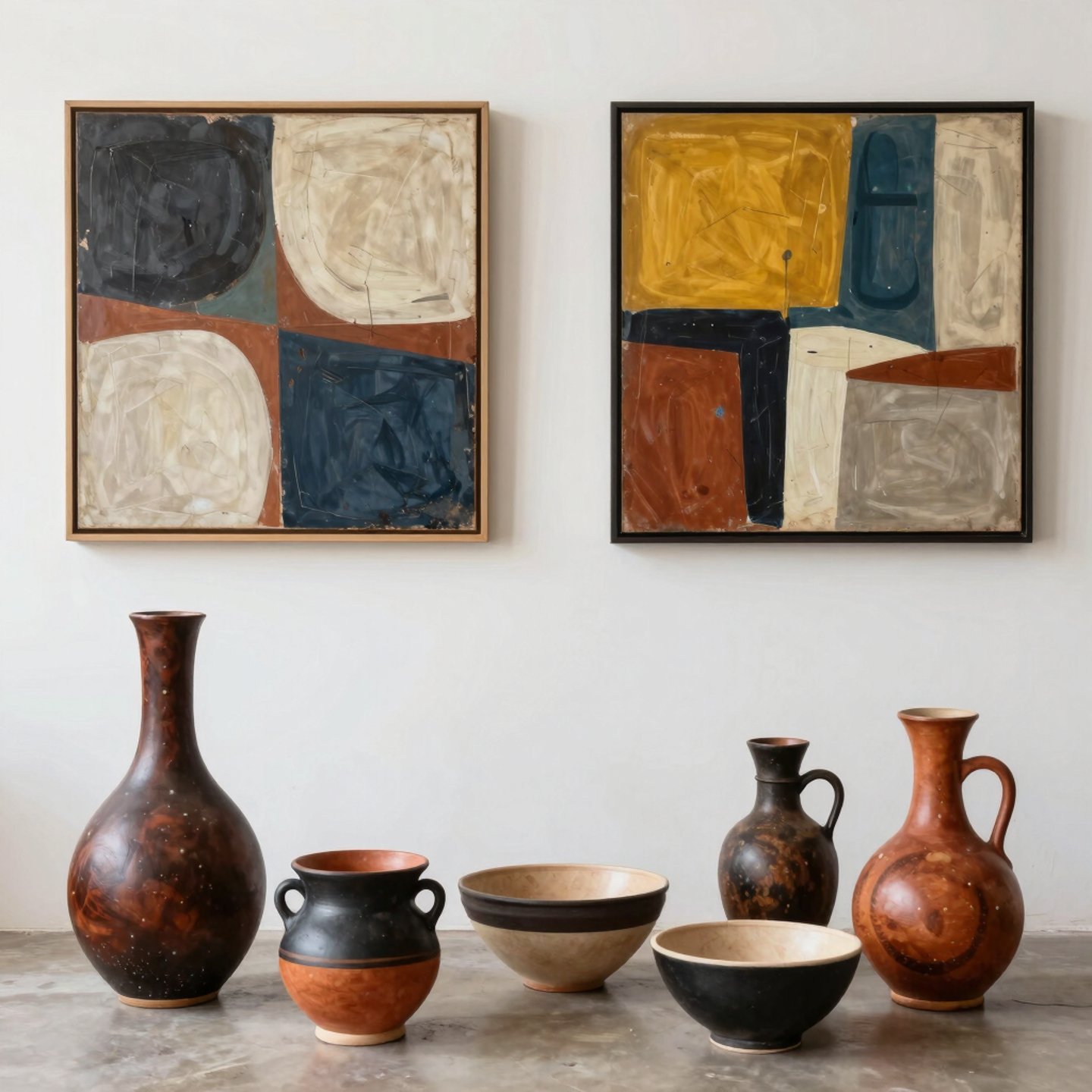 A sleek gallery space featuring vibrant African contemporary artworks under soft, focused lighting.