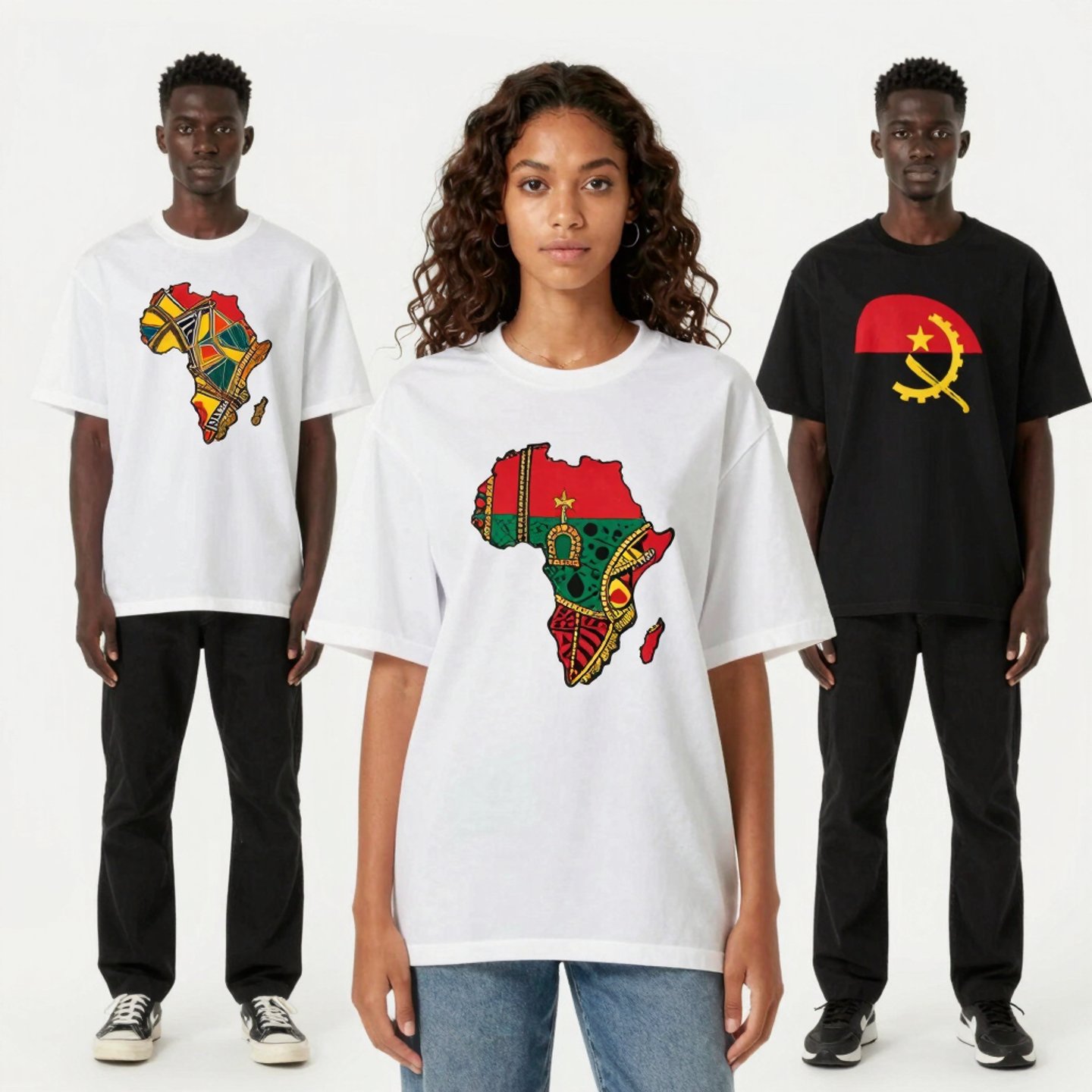 A vibrant fashion photoshoot featuring models wearing colorful African-inspired clothing from the Mundo56 collection.