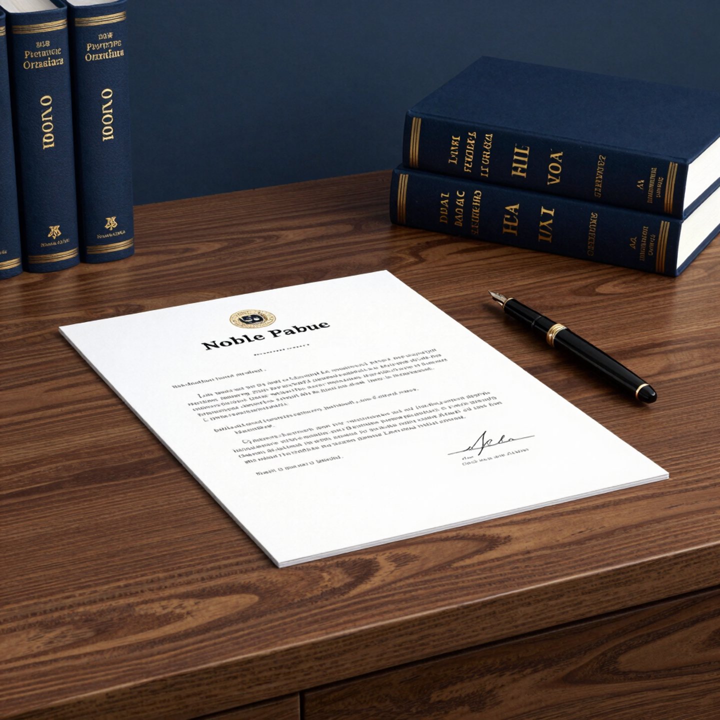 Professional team discussing legal documents in an elegant navy and gold office setting.