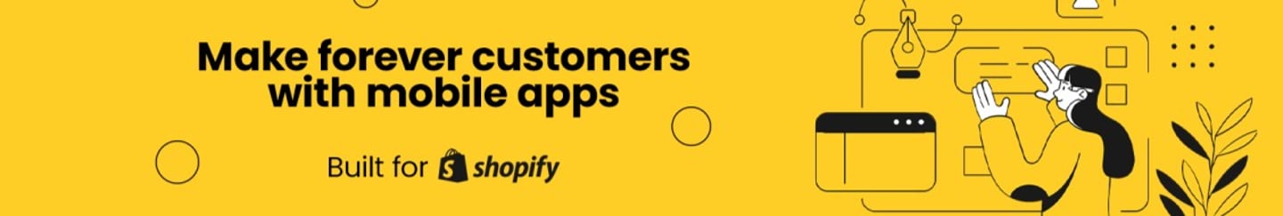 Yellow banner for Shopify mobile app builder featuring a woman designing a digital interface.