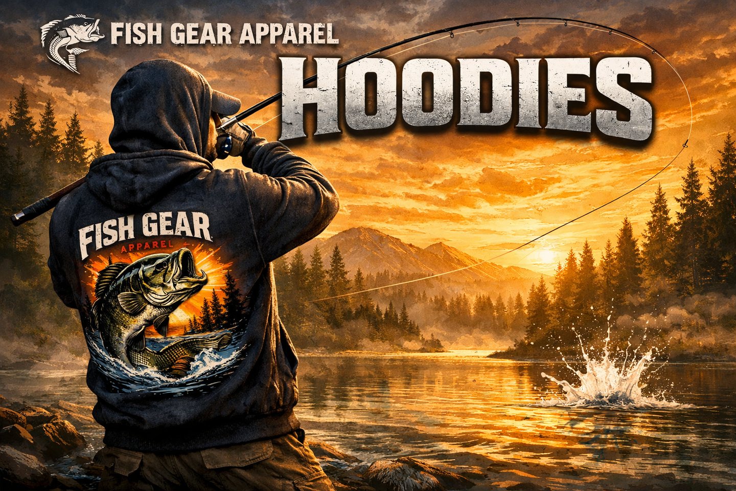 Angler at sunrise casting a line, wearing a Fish Gear Hoodie