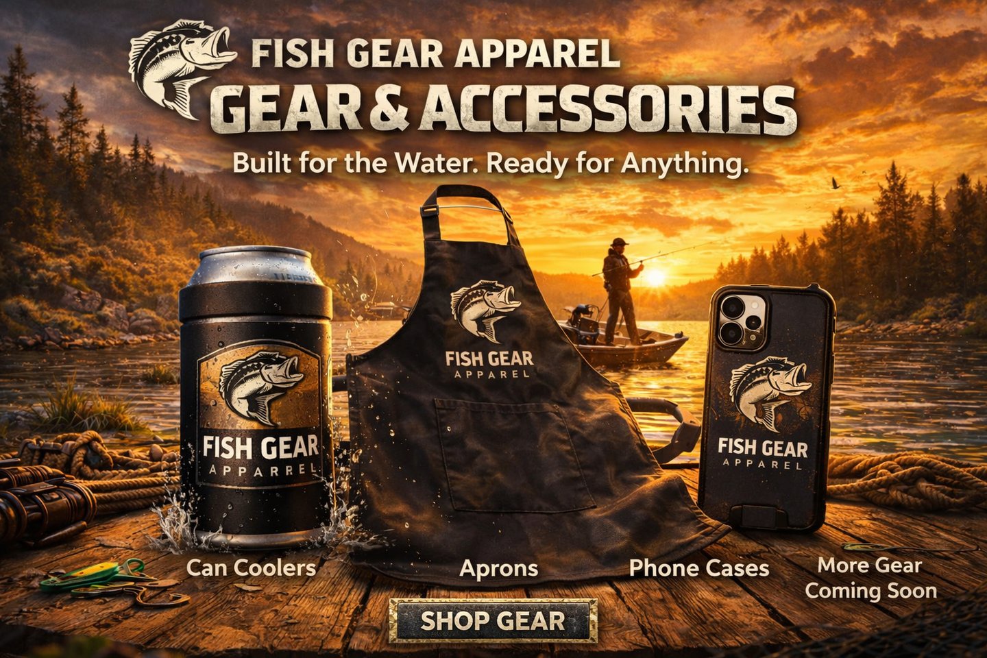 Fish Gear Apparel accessories including can coolers, aprons, and phone cases on a dock at sunset.