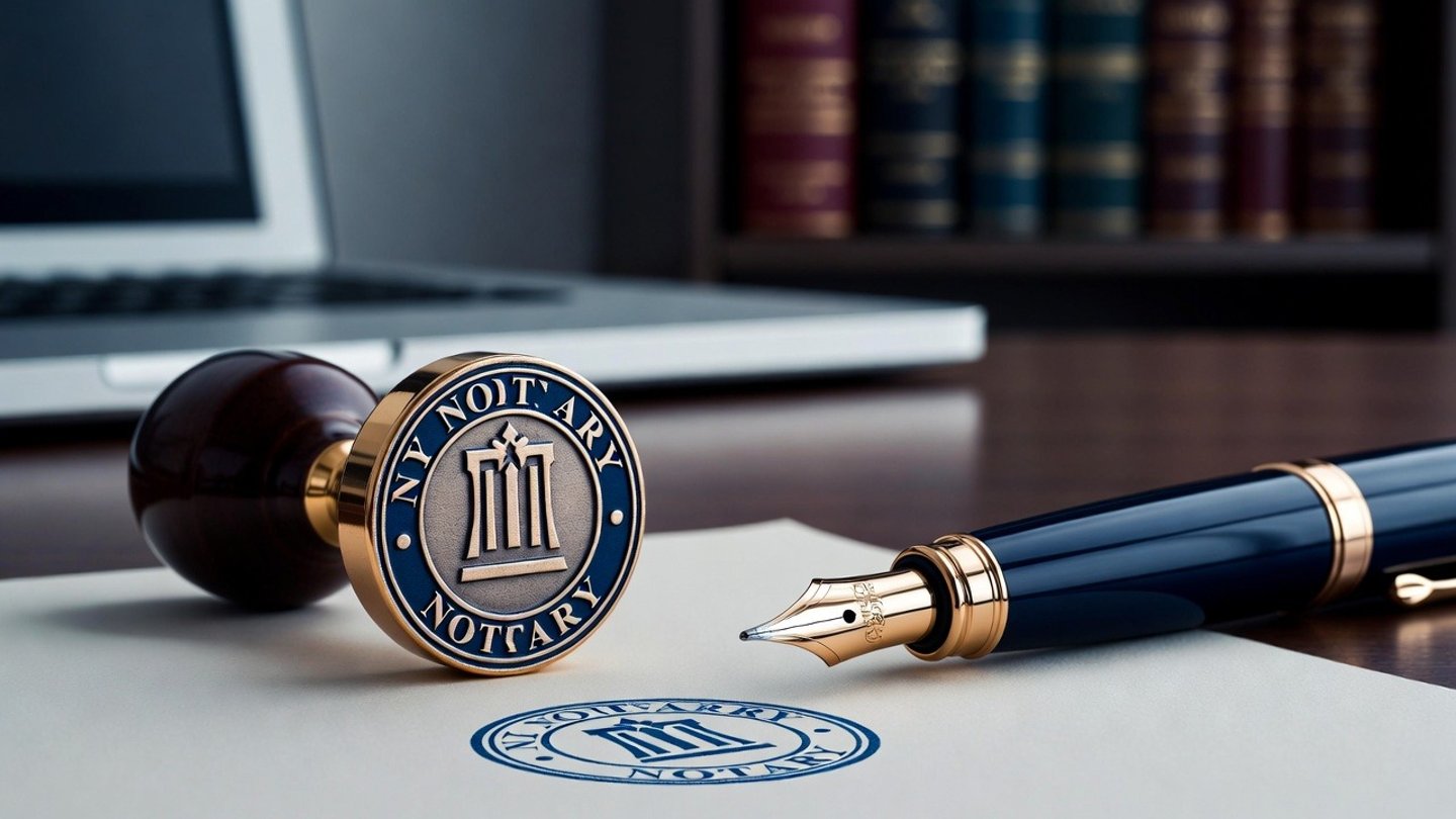 sello de la notaria y una pluma para los documentos notariales