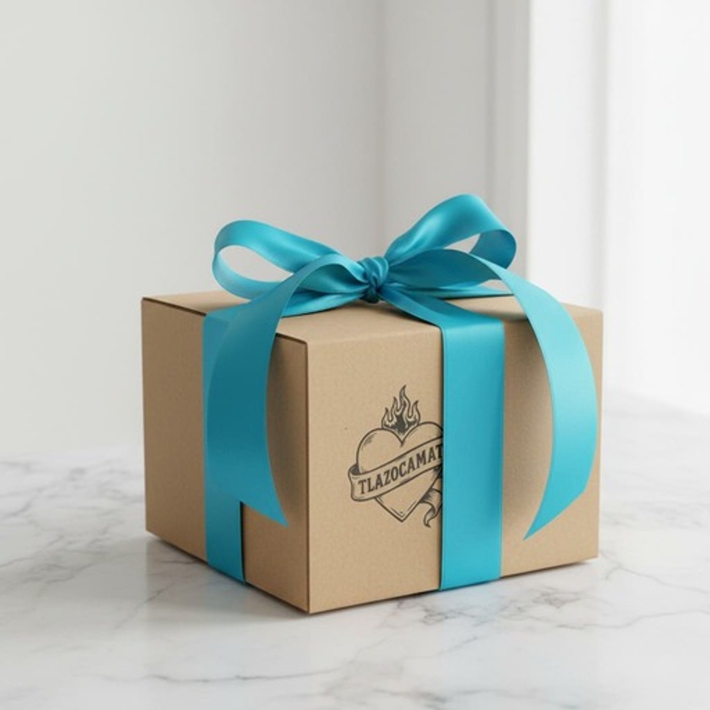 regalo personalizado, en caja de cartón con moño azul turquesa, para regalar a alguien especial