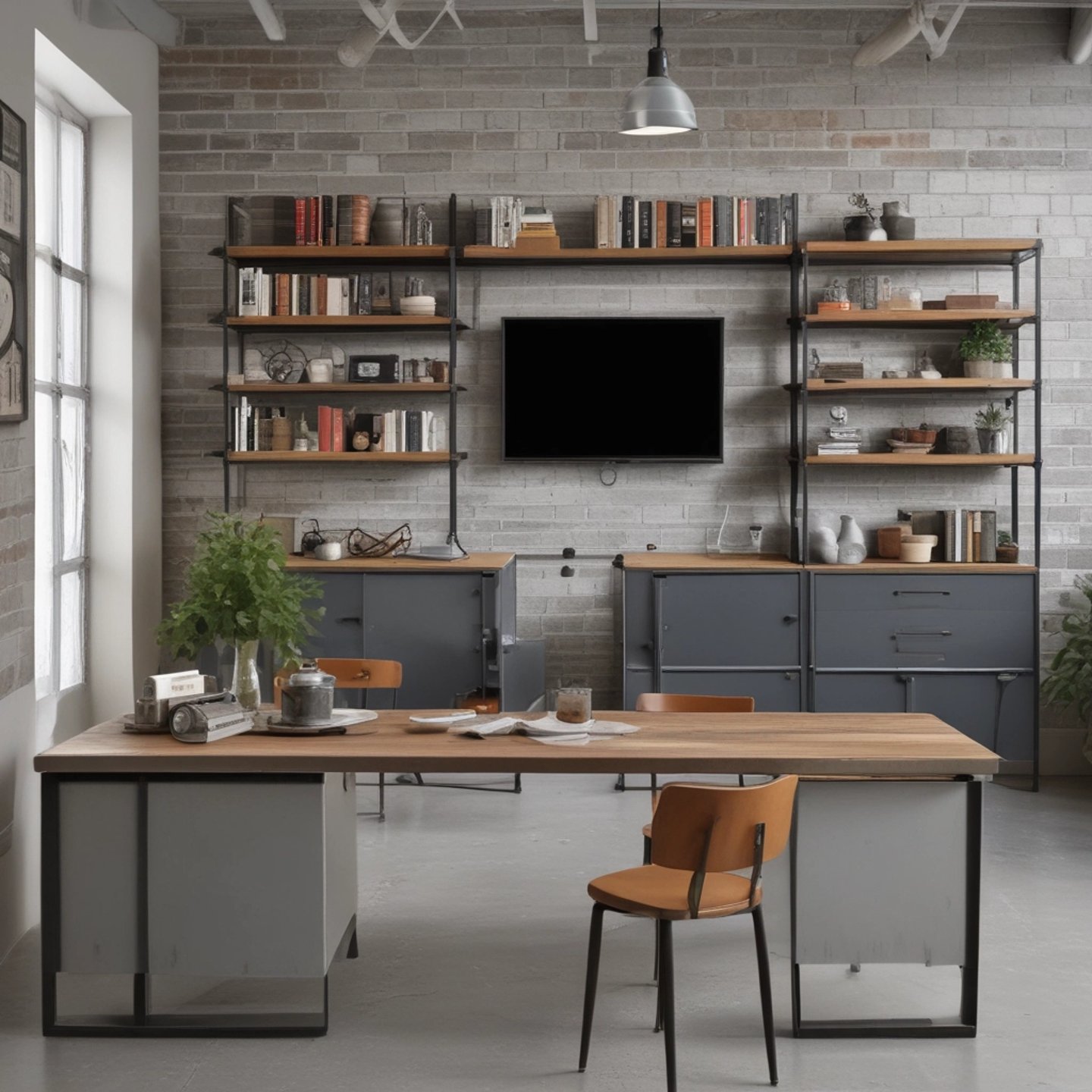 A cozy industrial-style living room featuring metal and MDF furniture with warm lighting.