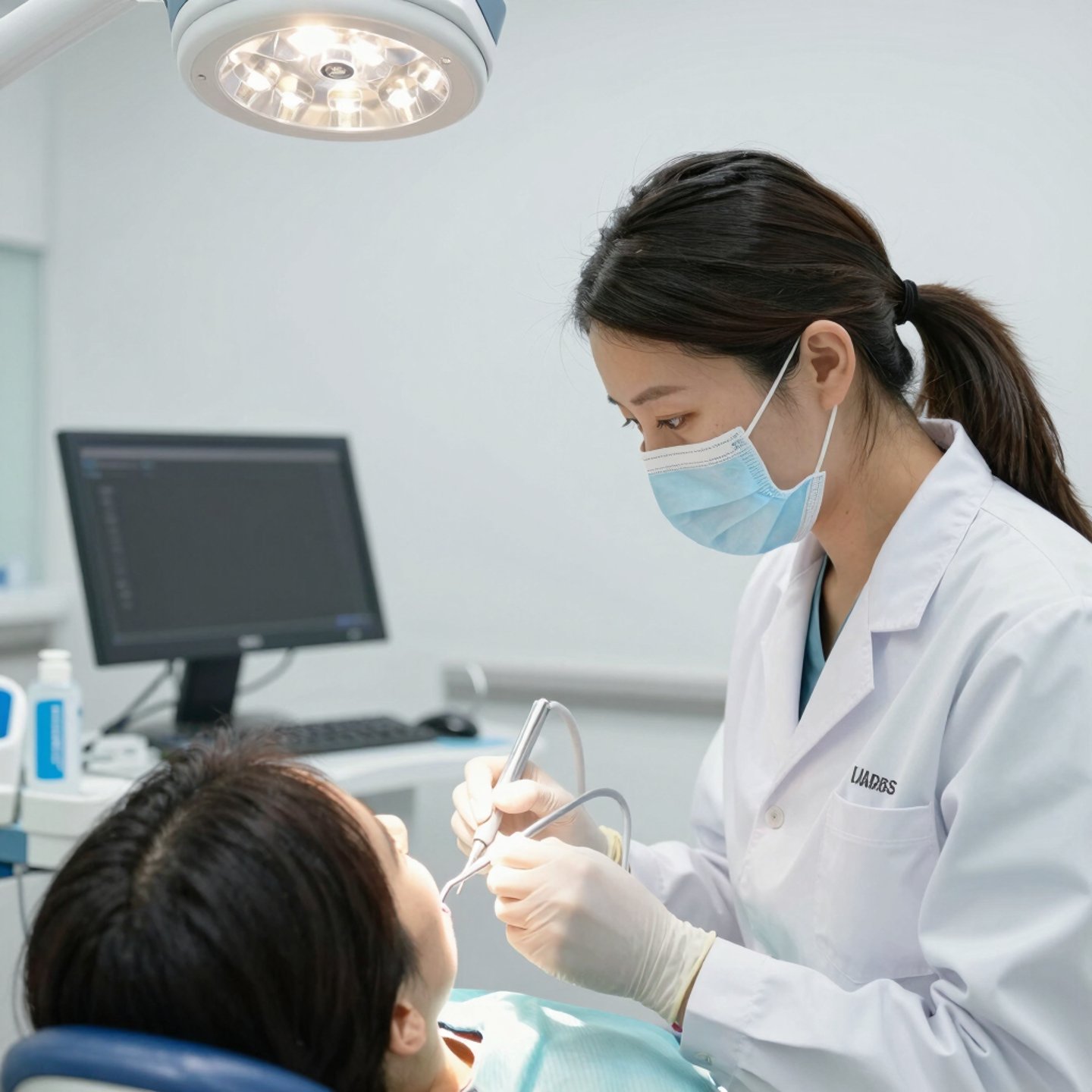 Professional dentist and assistant performing a dental procedure on a patient in a modern clinic.