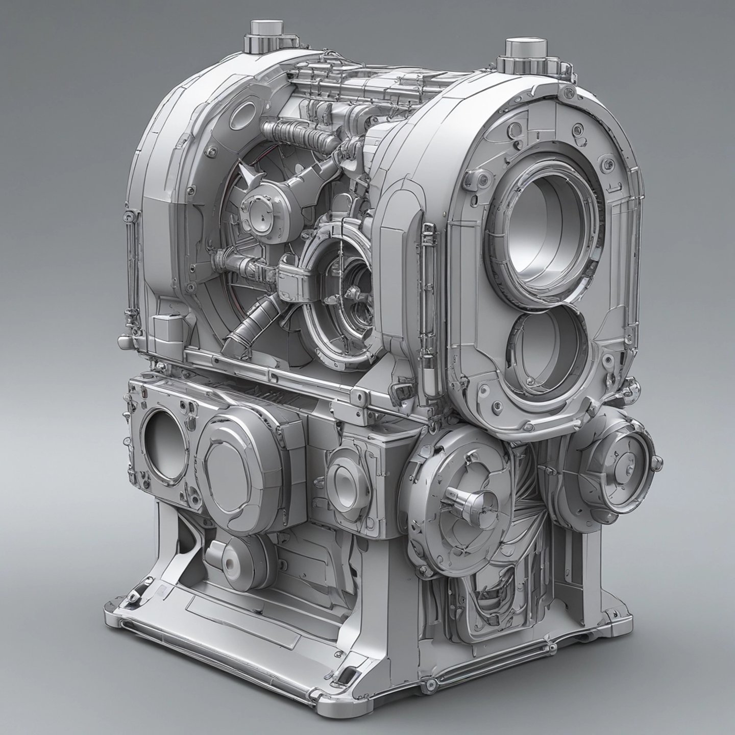A 3D mechanical engine model with intricate sci-fi industrial design details in a grey clay render.