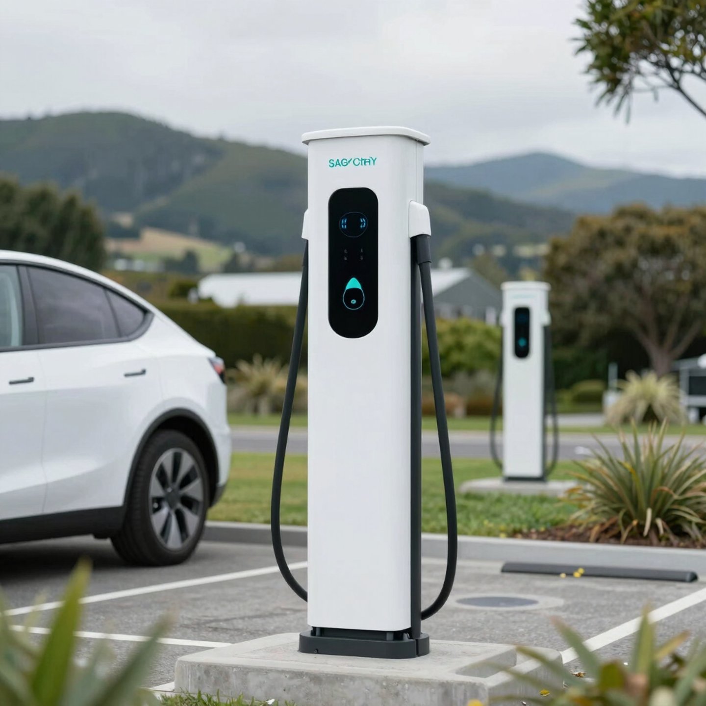 Sleek Wilbest EV charger installed at a modern Auckland home under a twilight sky.
