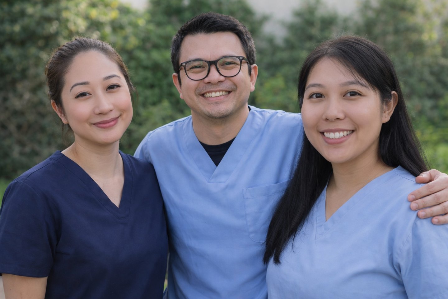 Three caregivers in an embrace and smiling