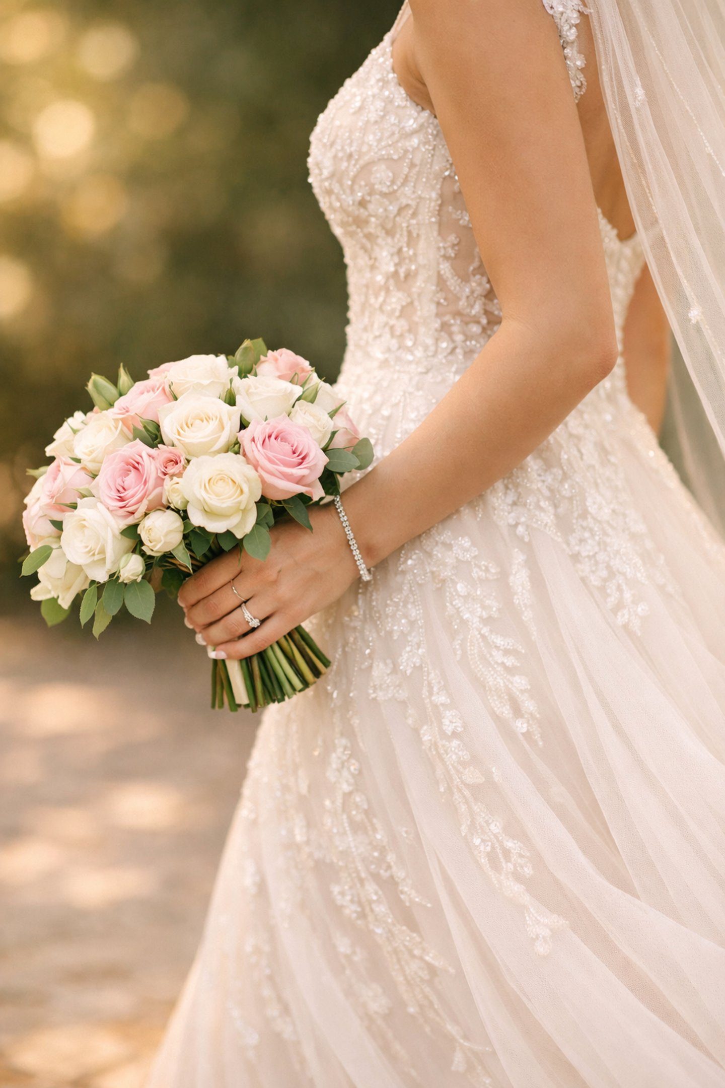 Bride walking down the aisle with beautiful white gown and carrying a nice roses bouquet