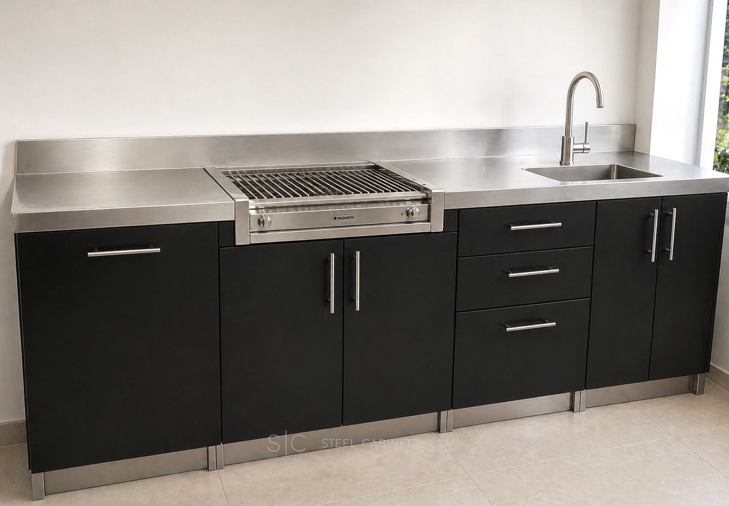 Minimalist Stainless Steel cabinetry with black powder coated doors