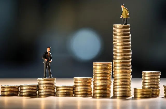a group of miniature people standing on top of a stack of coins