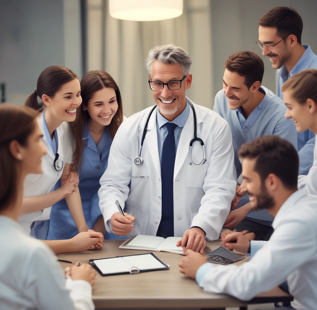 An outdoor urban scene features a concrete courtyard with tall green lampposts and large potted plants at various stages of growth. The background includes the facade of a building with the words 'Hospital General Zona 5' partially visible, flanked by windows and greenery. The sky appears clear and bright, suggesting a sunny day.