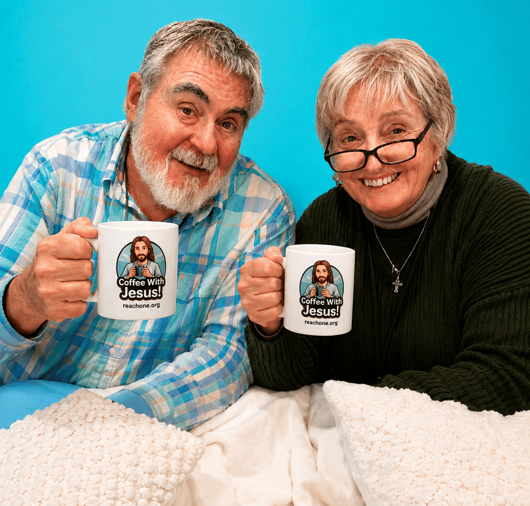 Opa and E.B share coffee, tea, and hot chocolate with their “Share Jesus” merchandise.