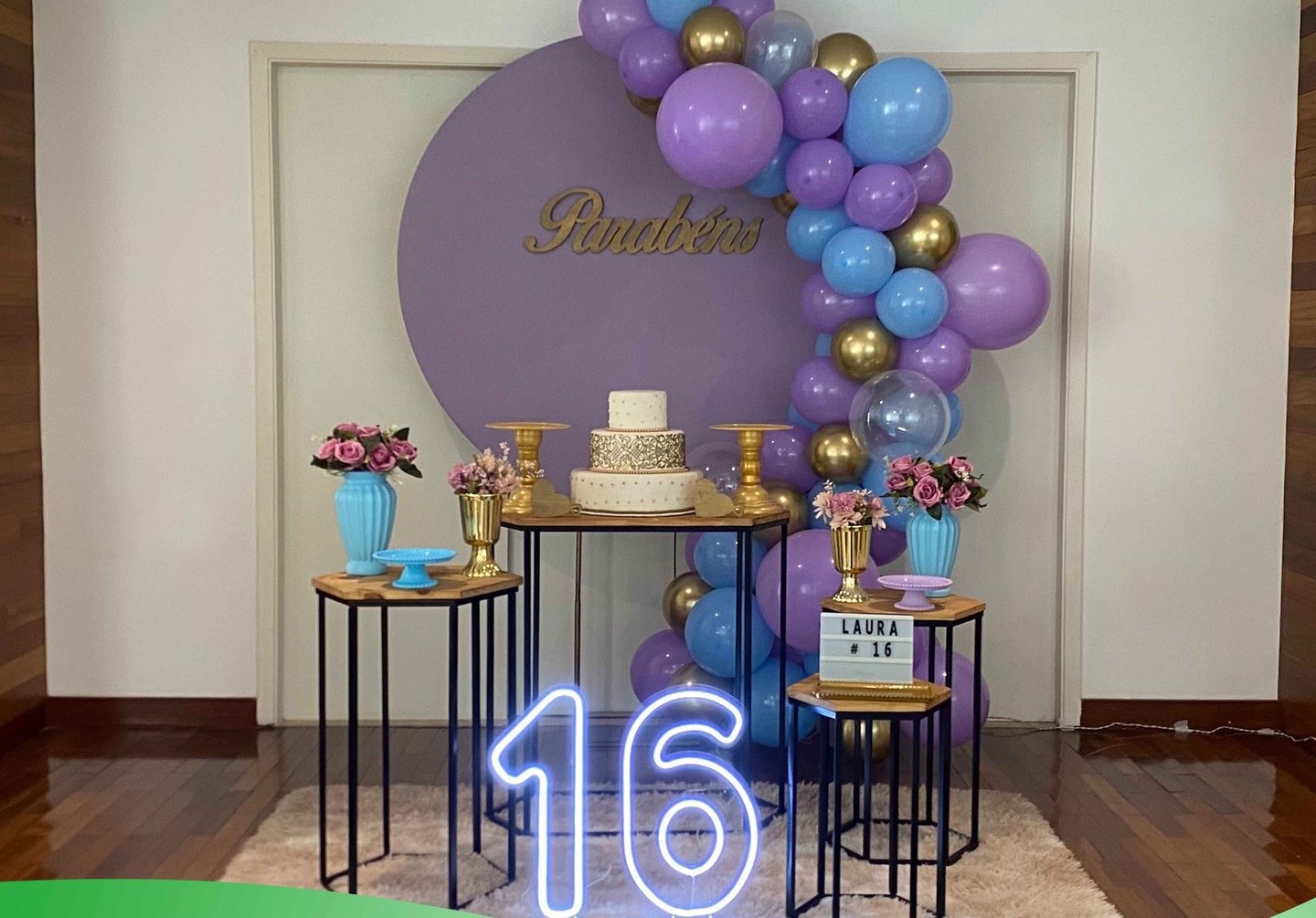 Aluguel de decoração teen lilás e dourado na Freguesia do Ó com mesa decorada moderna para festa