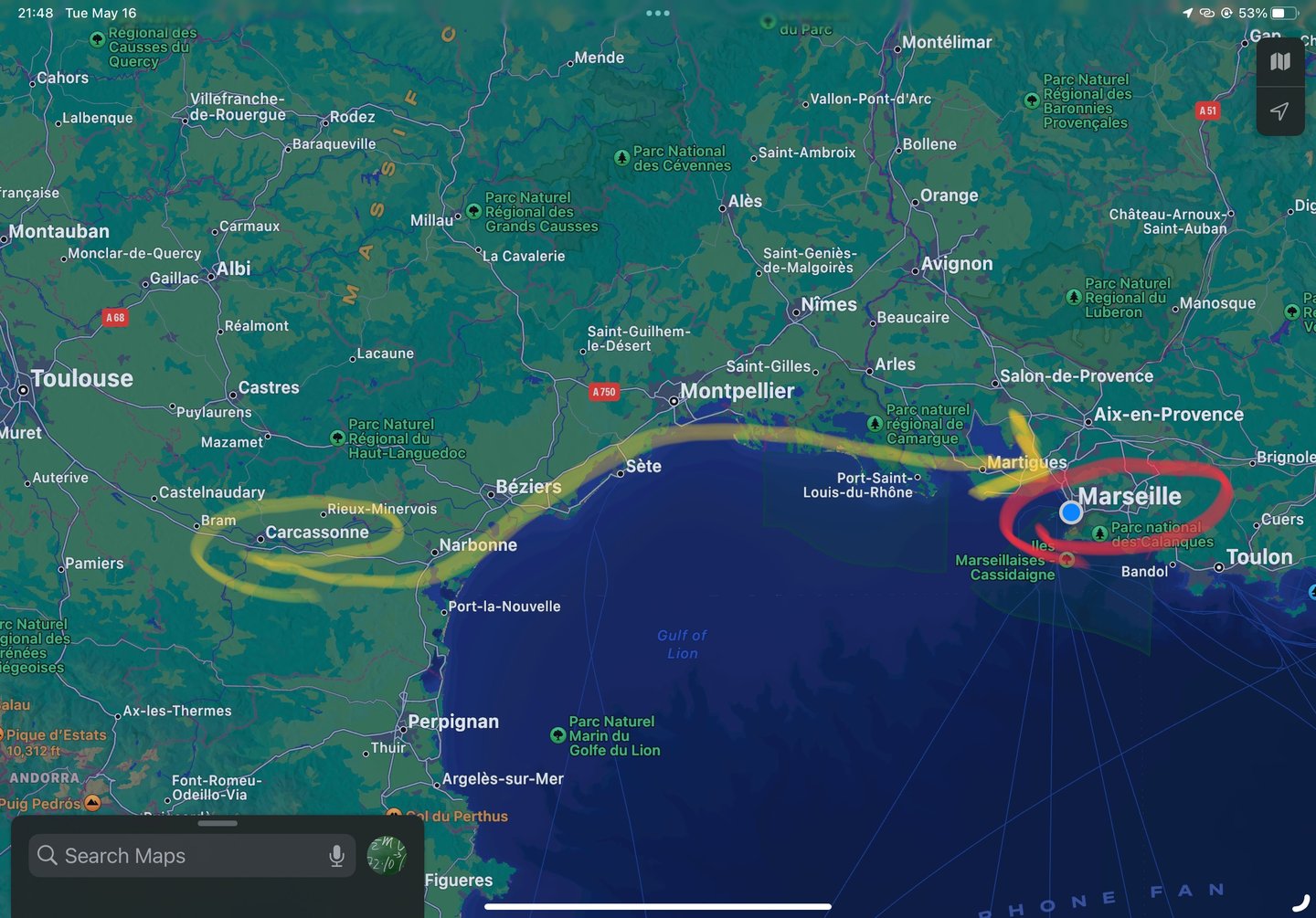 Travel route from Carcassonne to Marseille