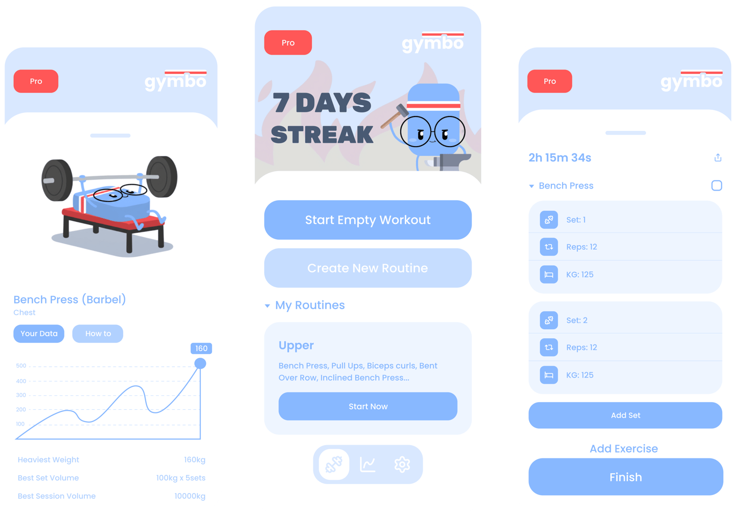 Gymbo workout tracker app interface with AI coach streak progress and comprehensive gym log.