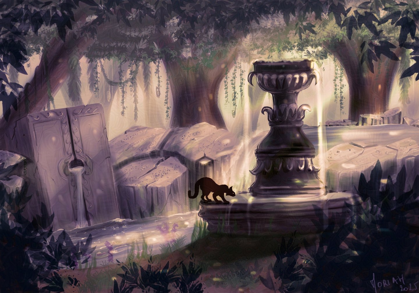 Black cat playing in a fountain in an enchanted forest