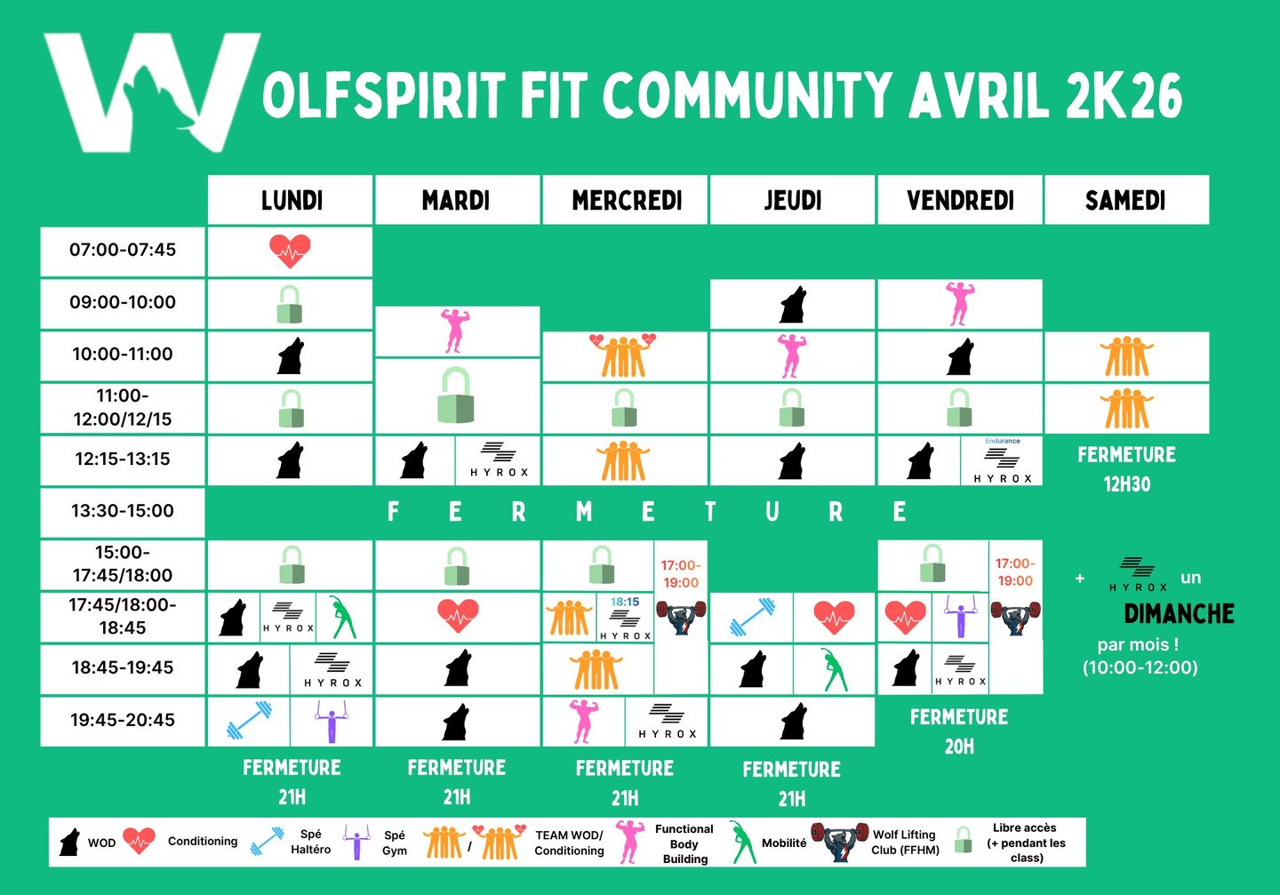 Planning actuel de la salle de sport Wolfspirit à Pau