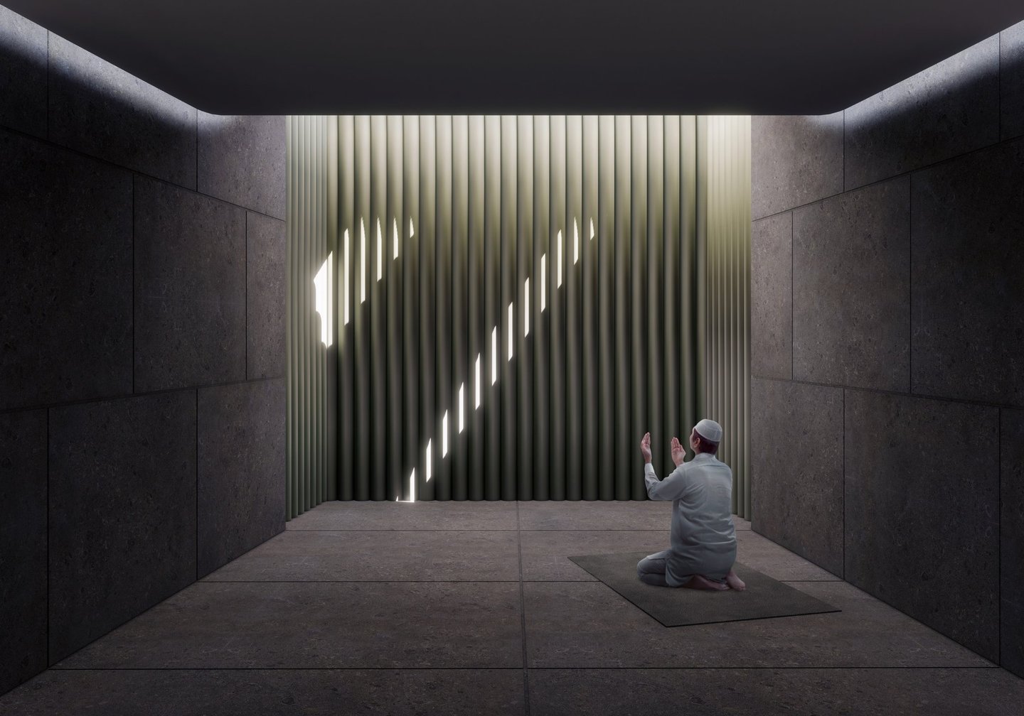 A man praying in a solemn space