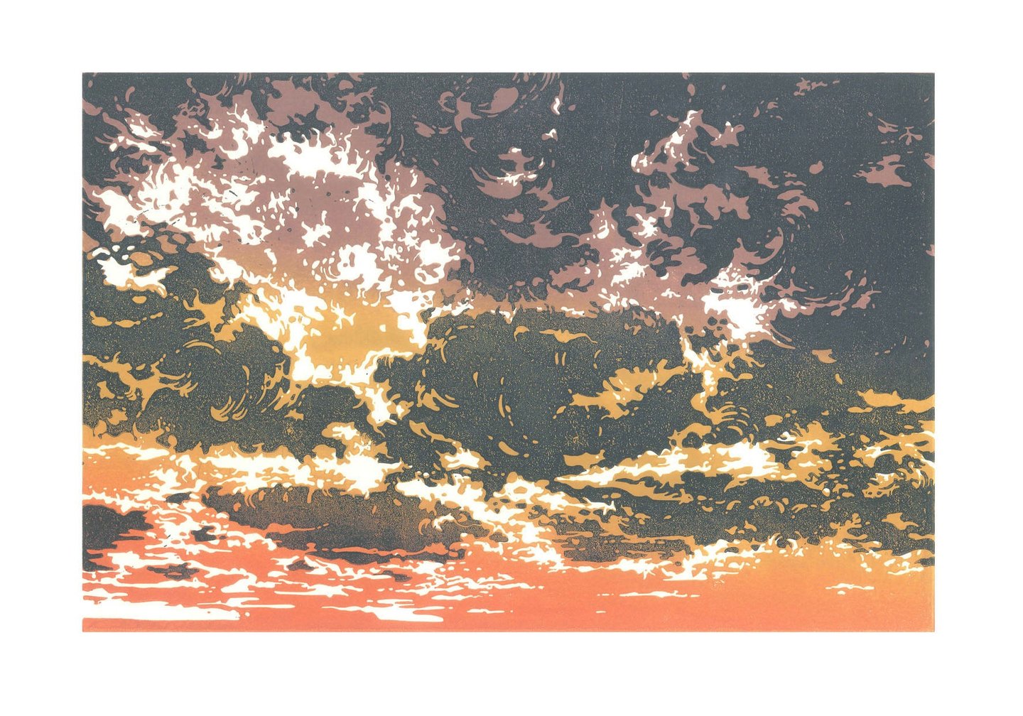 Estampe originale en linogravure couleur représentant des nuages.