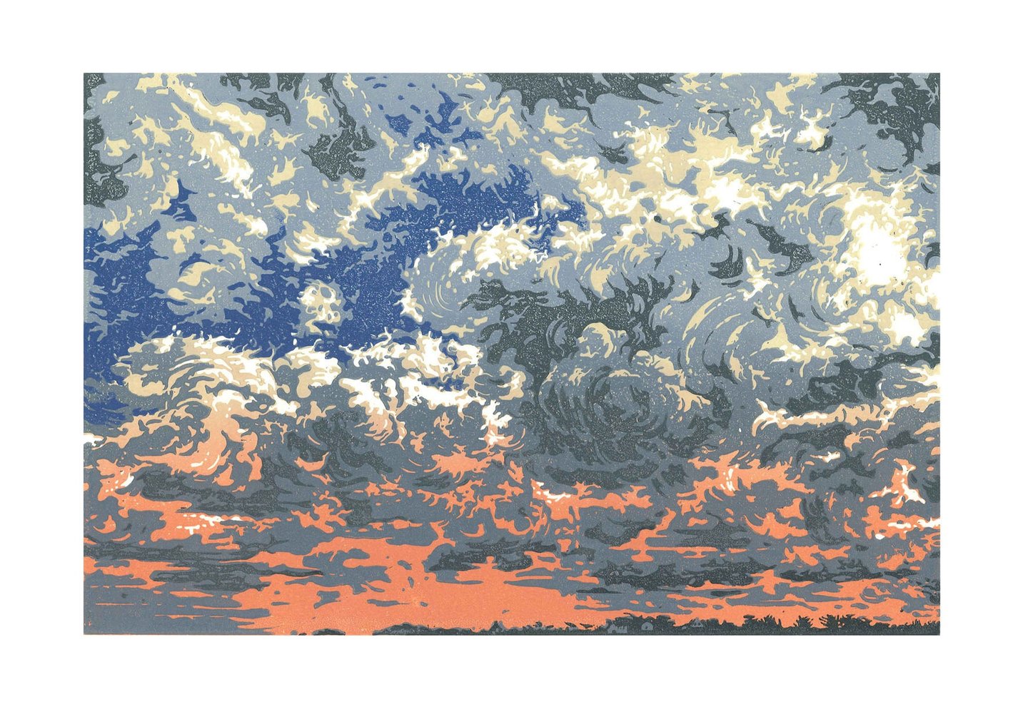 Estampe originale en linogravure couleur représentant des nuages.