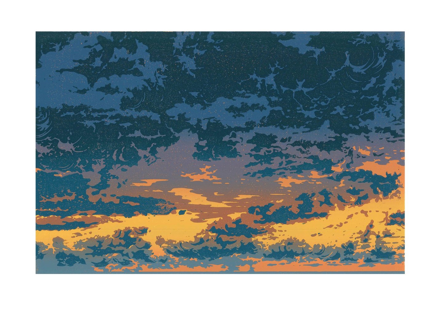 Estampe originale en linogravure couleur représentant des nuages.