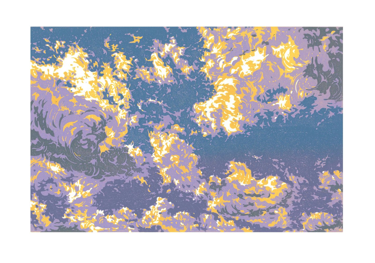 Estampe originale en linogravure couleur représentant des nuages.