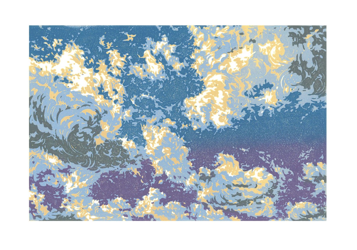 Estampe originale en linogravure couleur représentant des nuages.