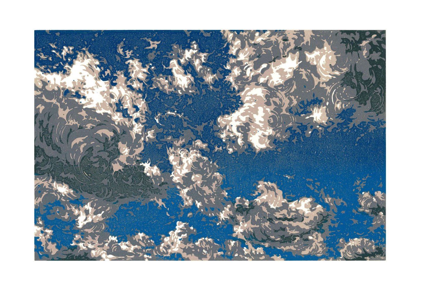 Estampe originale en linogravure couleur représentant des nuages.