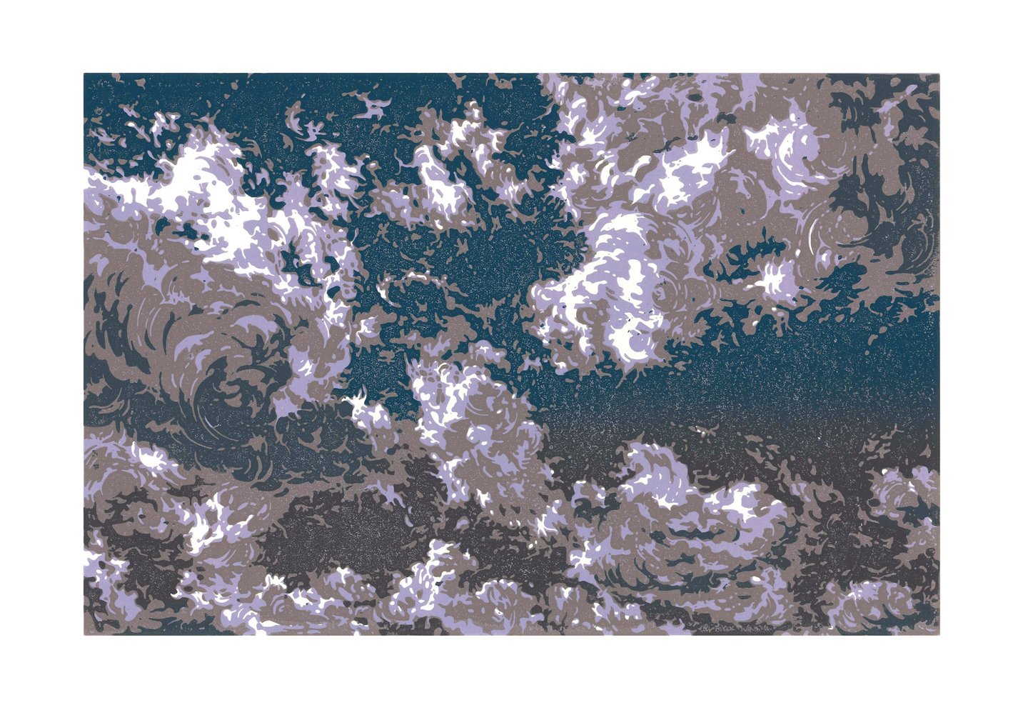 Estampe originale en linogravure couleur représentant des nuages.